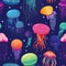 Colorful cartoon jellyfish pattern. Seamless print featuring different shapes and colors of cute underwater creatures. Bright