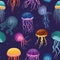 Colorful cartoon jellyfish pattern. Seamless print featuring different shapes and colors of cute underwater creatures. Bright