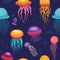 Colorful cartoon jellyfish pattern. Seamless print featuring different shapes and colors of cute underwater creatures. Bright