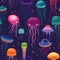 Colorful cartoon jellyfish pattern. Seamless print featuring different shapes and colors of cute underwater creatures. Bright