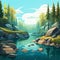 Colorful Cartoon Landscape With River: A Serene Wilderness Scene