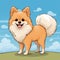 Colorful Cartoon Pomeranian Dog Illustration On Field