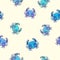 Colorful cartoon purple and blue crabs on light yellow background. Seamless summer fauna pattern.