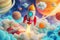 Colorful cartoon rocket flying among the planets