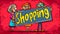 Colorful cartoon shoppers holding a shopping sign