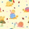 Colorful cartoon snail on a light yellow background. Seamless background, texture.