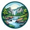 Colorful Cartoon Style Waterfall Illustration In Circular Frame