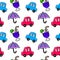 Colorful cartoons cars, umbrella, drinks seamless repeat pattern background.  Illustrators drawing