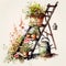 Colorful Cascades: Watercolor Garden Ladder Overflowing with Spring Blooms AI Generated