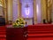 a colorful casket in a hearse or church before funeral