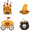 Colorful castle,carriage,witch hat,witches cauldron
