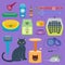 Colorful cat accessory cute vector animal icons pet equipment food domestic feline illustration.