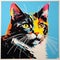 Colorful Cat On Blue Background: Silkscreen Style Large-scale Portraits