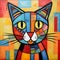 Colorful Cat Painting With Squared Blocks In Picasso Style