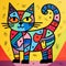Colorful Cat Painting On Yellow Background In The Style Of Romero Britto
