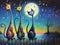Colorful cats in song under moonlight
