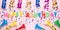 Colorful celebration background with various party confetti and candle decoration. Minimal birthday concept. Flat lay