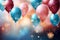 Colorful celebratory background, featuring balloons, confetti, sparkles, and lights