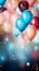 Colorful celebratory background, featuring balloons, confetti, sparkles, and lights