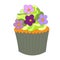 colorful celebratory sponge cake with cream and purple flowers is decorated with decor. Vector