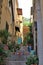 Colorful ceramic pot, Sicilian ceramics with a flower inside, with a cactus, the pot on the stairs