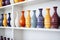 colorful ceramic vases lined up on white shelf