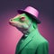 Colorful Chameleon wearing a pink hat green suit