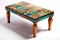 Colorful Charm: Vibrant Mosaic Coffee Table with Intricate Tile Patterns on White Background