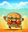 A colorful cheerful hamburger is running on a sports track. Flat illustration. Created by AI