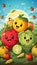 Colorful cheerful vegetables and fruits smile and greet. Created by AI