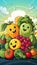 Colorful cheerful vegetables and fruits smile and greet. Created by AI