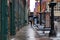 Colorful Chicago street with theatre signs and street lamps