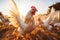 Colorful chickens flock pecking at scattered grains in a sunlit barnyard. Generative AI