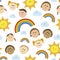 Colorful childish seamless pattern. Background with smiley children, cute sun, rainbow and clouds.