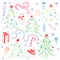 Colorful Children Drawings of Fir trees. Funny Doodle Hand Drawn Winter Holyday`s Symbols. Perfect for Festive Design