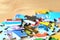 Colorful children puzzles on wooden background
