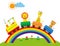 Colorful children`s illustration with the rainbow and train - time for an adventure