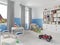 Colorful children`s room interior with bookcase, bed, pillow, sh