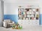 Colorful children`s room interior with bookcase, bed, pillow, sh