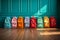 Colorful childrens schoolbags on a wooden floor, blue room