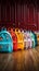 Colorful childrens schoolbags on a wooden floor, blue room