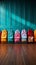 Colorful childrens schoolbags on a wooden floor, blue room