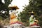 Colorful chinese god figure and deity angel buddha statue on stone stairs go to Sanbangsan mountain for korean people travelers