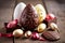 Colorful Chocolate Easter Eggs on a Rustic Wooden Table