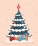 Colorful Christmas Illustration. Christmas tree is decorated with a garland and Christmas tree toys. There is snow on
