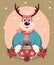 Colorful Christmas Illustration. Merry Christmas deer with a scarf around his neck, holding a Christmas tree toy