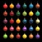 Colorful christmas new year balls made out of different materials isolated on black. Gold, plastic, metal, car paint