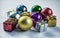 Colorful Christmas ornament toned photo. Multicolored Christmas tree toys.