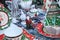 Colorful Christmas Souvenirs, decorative statues of Santa Claus, dishes with symbols of the new year