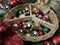 colorful Christmas sparkly balls, wicker peace basket